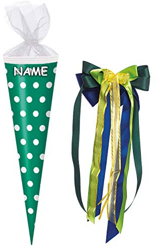 alles-meine.de GmbH Schultüte - türkis/Petrol blau/grün - Punkte weiß - 50 cm - rund - incl. Name und große Schleife - mit Tüllabschluß - Zuckertüte - Rohling - Bastelsch..