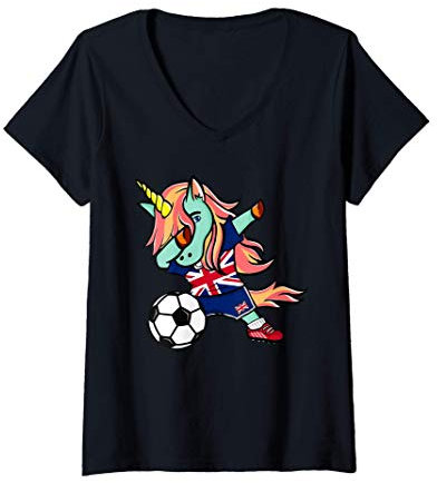 Womens Dabbing Unicorn United Kingdom Football - UK Flag Soccer V-Neck T-Shirt