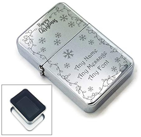 Personalised Engraved Polished Steel Lighter, with Christmas Lights Design, Add any Message, Comes with Soft Lined Metal Tin Gift Box for Presentation.