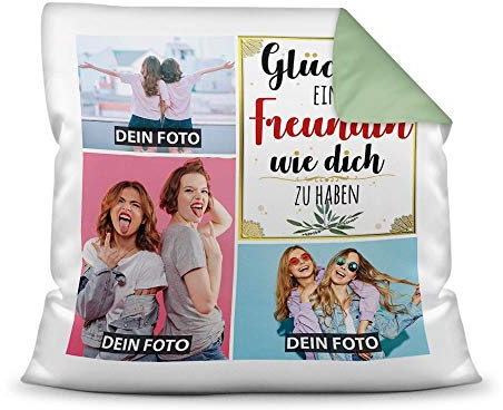 Print Royal Kissen mit Füllung - Fotocollage selbst gestalten mit Spruch für Freundin - GLÜCK - mit DREI eigenen Fotos - Geschenkidee Fotokissen - Farbkissen Rückseite Seegrün