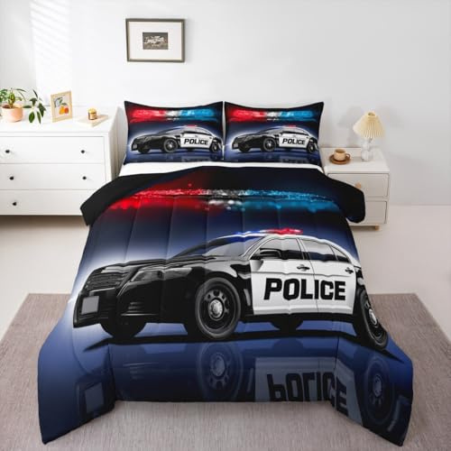 Erosebridal Police Car Comforter Sets Twin Size,Policeman Vehicle Bedding Set for Kids Boys Children,Red Blue Cop Lights Down Comforter Geometric Graphics Duvet Sets Bedroom Decor with 1 Pillow Case