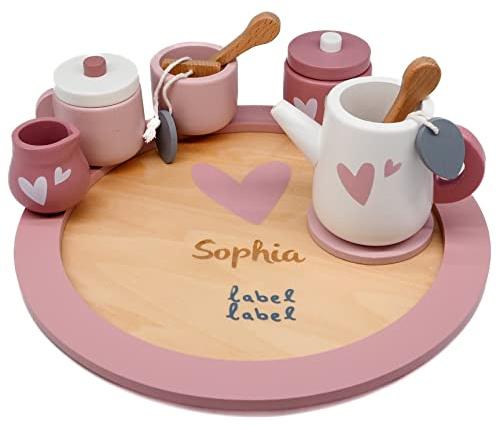 Holz Tee Set Rosa - personalisierbar I Handmade Holzspielzeug ab 18 Monaten I Label-Label Teeservice Kinderküche I Geburtstagsgeschenk für Kinder I Teeparty-Spielset mit Name