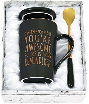 Joymaking Marble Textured Ceramic Coffee Mug, 14 Oz, Includes Gold Color Spoon and Lid, Gift Box, Elegant, Inspirational, Holiday, 3.54 x 5.12 inches, Hand Wash Only