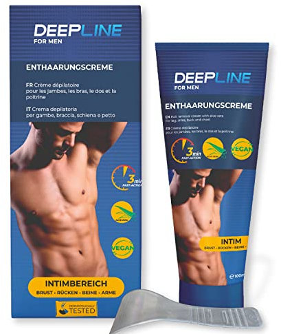 Deepline Enthaarungscreme Intimbereich 100ml I effektive Intim, Männer mit Aloe Vera & Shea Butter I dermatologisch getestete Haarentfernungscreme für langanhaltende Ergebnisse (100ml)
