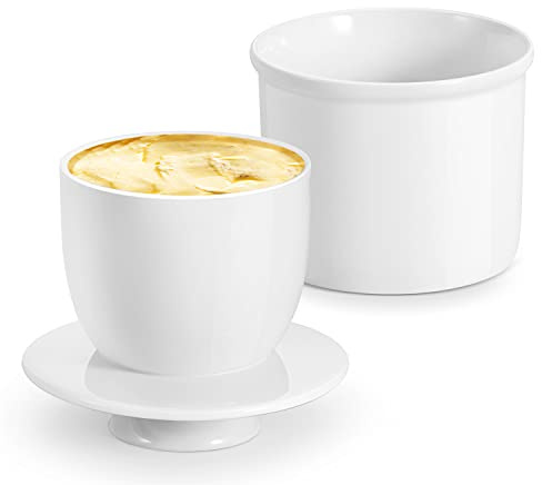Flexzion Butterdose aus Porzellan, französische Butterdose, Glocke mit Deckel, streichbar, weiches und frisches Wasser, versiegelter Butterhalter, Café, Retro-Kollektion, Bauernhaus-Dekor (weiß), 2