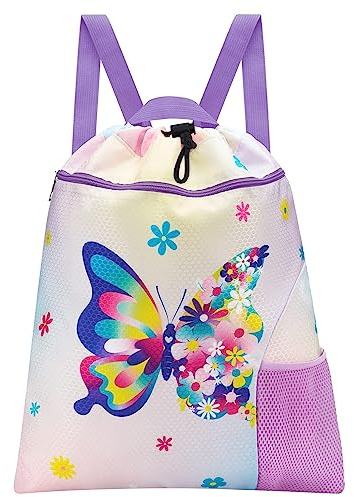 WAWSAM Butterfly Gym Drawstring Bag - 38 × 45 cm Sports Gym PE Bag for Girls Kids Waterproof Swimming Beach Shopping Yoga Backpack and Drawstring kids with Zippered Pocket and Water Bottle Pocket