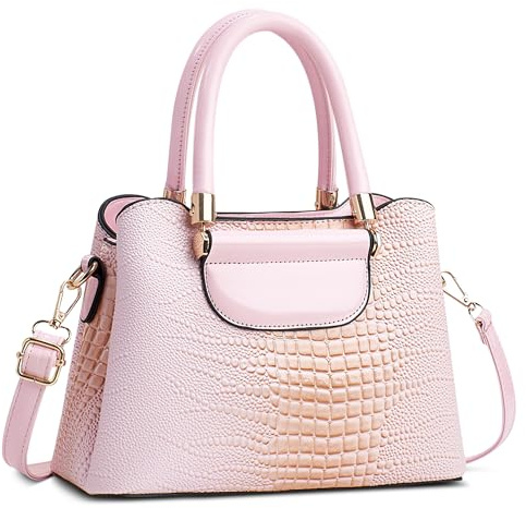 FOLOVEYA Damen Handtasche Mode Krokodilmuster Frauen Henkeltaschen Umhängetasche Elegant Tote Taschen Klein Shopper Schultertasche PU Leder für Arbeiten Reisen Dating mit Viele Taschen Rosa