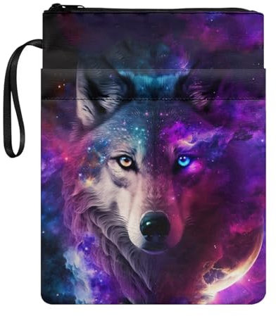 HELLHERO Galaxy Wolf Buchhülle für Buchliebhaber, 29 x 22,1 cm, Hardcover, Taschenbuch, Lehrbuch, Bibel, Geldbörse, Buchschutz, Tasche mit Reißverschluss, Fronttasche und tragbarem Seil