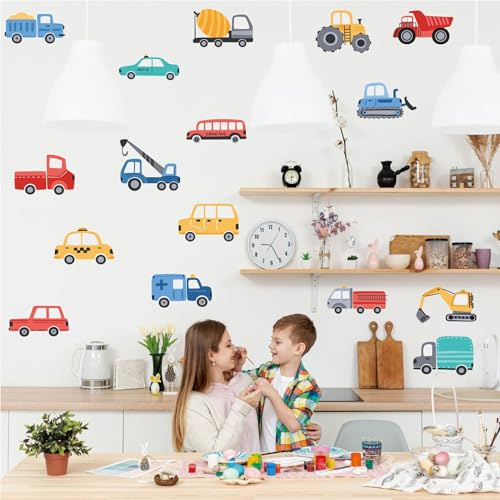 Construction Vehicles Wall Decals Stickers for Kids Room Bus Car Truck Tractor Excavator Transportation Wall Stickers for Kids Bedroom Nursery Playroom Wall Decoration