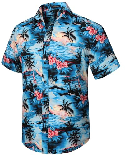 HISDERN Funky Hawaii-skjorta för män, kortärmad framficka, semester, sommar, Hawaii-skjorta, Hawaii strand, Y2 – blå, XL