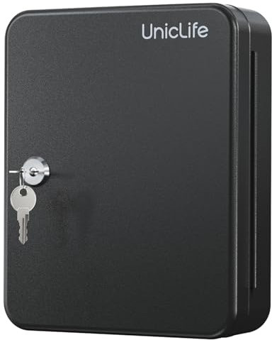 Uniclife 28-Schlüssel Schlüsselschrank mit 2 Aufschließungsschlüsseln Schlüssel-Organisator Schwarzer mattierter Sicherheitskasten mit Haken und großen Schlüsselanhänger-Etiketten in 5 Farben