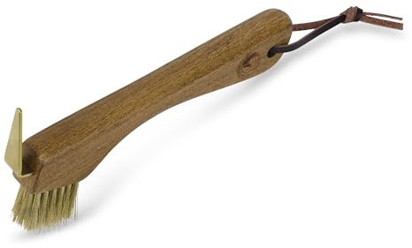 Equimour Hufkratzer & Hufbürste LILO – 2-in-1 Hufpflegewerkzeug aus Naturholz mit robusten Messingborsten und veganem Lederband; für effektive Hufreinigung und stilvolles Pferdezubehör