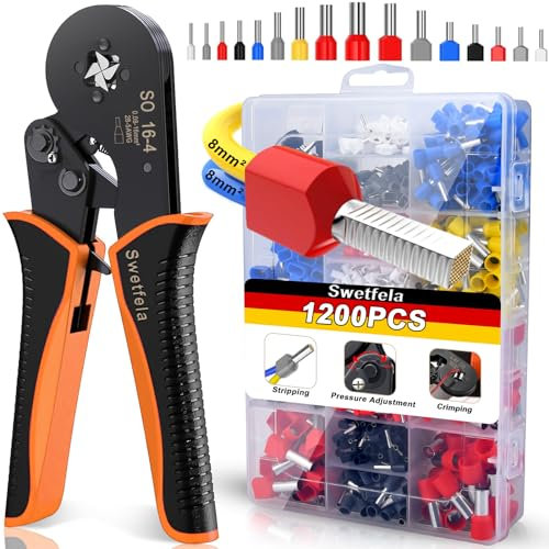 Swetfela 0.08-16mm2 Pinza Crimpatrice,Crimpatrice con1200 Puntali a Doppia e Singola Estremità,Cricchetto Autoregolante,Crimpatura di Precisione,Crimpatrice Capicorda per Fai da te e uso Industriale