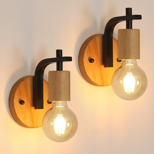 Pheashine Wall Lights Indoor 2 Pack Vintage Wood Wall Sconces Lights | Industrial Black Wall Lamp with E27 Socket for Hallway, Living Room, Bedroom, Kitchen, Stairs Restaurant, Bulb not included
