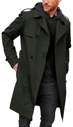 Runcati Men's Coat Double Breasted Trench Coat Long Lapel Business Jacket with Belt Green L