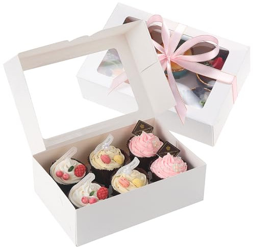 Fippy 15PCS Cupcake Boxen 6er mit Fenster, Kleine Bäckereiboxen, Vormontierte Kuchen Geschenkboxen für Cupcakes Gebäck Kekse Desserts (Weiß)
