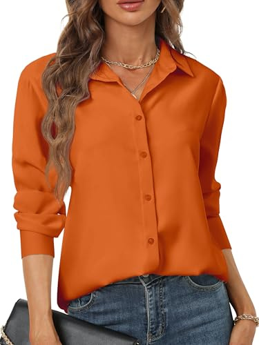orange shirt womens button up shirts chiffon blouses for women wrinkle free ladies professional interview outfit work wear womans trendy clothing women's fall polyester clothes Burnt Orange Size M