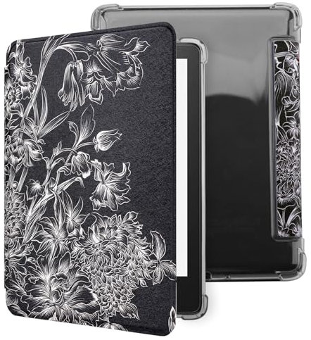 WALNEW Hülle für 6,8 Kindle Paperwhite 11. Generation 2021 & Signature Edition, Transparent Weiche Flexible TPU Rückseite Schutzhülle mit Auto Schlaf/Wach PU-Leder Smart Cover (Schwarze Blume)