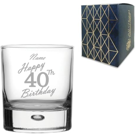 Personalised Engraved Whisky Glass, Happy 40th Birthday Handwritten Design, Bubble Whisky Glass, 11.5oz or 330ml Capacity, Customise with Any Name, Gift Boxed