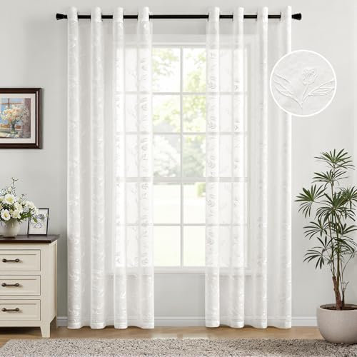 Woaboy Gardinen Weiß Blätter Muster Voile Vorhänge mit Ösen Wohnzimmer Transparente Ösenschal Sheer Voile Curtains für Schlafzimmer 2er Set 140x225cm(BxH)