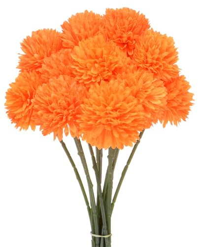 M METERXITY 12 Pcs Boules de Chrysanthème Artificielles, 28Cm Bouquets d'Hortensias Artificiels en Soie, Fleurs Artificielles au Toucher Réaliste pour Mariage/Noël/Fête [Orange]