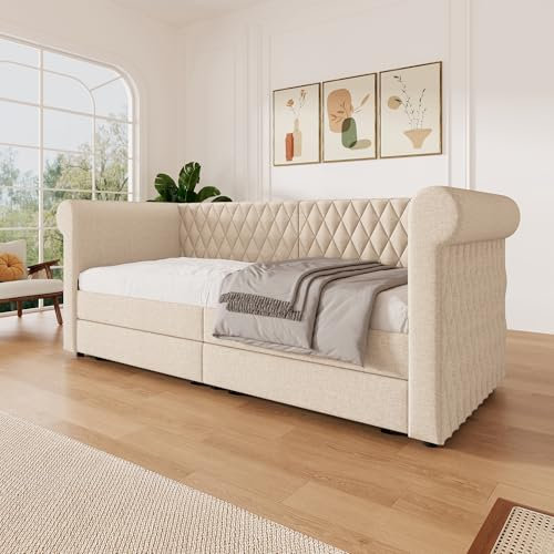 RanRan Vintage Kopfteil Polsterbett Sofabett 90x200 cm, Schlafsofa Tagesbett mit 2 Stauraum Schubladen, Kinderbett Jugendbett Bettgestell mit Lattenrost aus Holz, Linen(Ohne Matratze) (Beige)