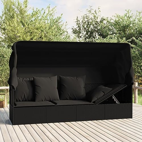 ShGaxin Outdoor-Loungebett mit Dach und Kissen, Lounge Sofa Outdoor, Sonneninsel Outdoor, Outdoor Liege, Daybed Outdoor, Outdoor Bett, Garten Lounge, Schwarz Poly Rattan