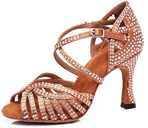 MINITOO Damen Latein Salsa Ballroom Tanzschuhe Hochzeit Abend Schuhe mit Kristalle L380 Brown 9cm Absatz EU 38
