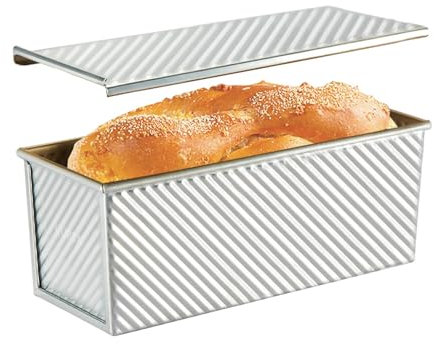 CURTA Commercial Pullman Loaf Pans with Lid 2.2 lb Dough Capacity Non-Stick Bakeware for Baking Bread Corrugated Bread Pans Extra large loaf pan Silver 1pcs