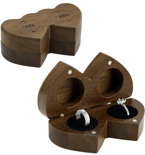 PH PandaHall Scatola Porta-Anello Doppio in Legno per Matrimonio, Scatola per Anelli Da Uomo e Donna a Cuore, Portagioie Rustico con Incisione e Velluto Interno, per Cerimonia di Matrimonio Proposta