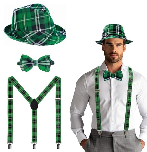ASSUGO 3 Stück st patricks day kostüm, leprechaun patrick kostüm Set mit 1 st patricks day hut 1 fliege grün und 1 st. patricks day accessoires hosenträger für Erwachsene, kind St Pa's Party besuchen