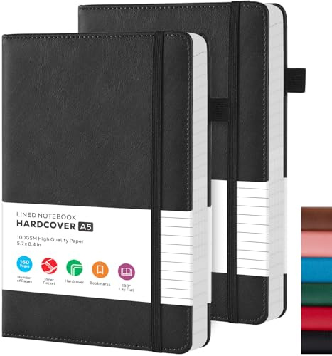 FOCUS DAY A5 Notebook Journal, 2 Pack Black Lined Notebook Hardback, 100GSM Thick Paper, No Bleed, A5 Leather Notepads for Men/Women Work, Office School Supplies, 14.5 x 21.3 cm