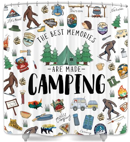 JAWO Big Foot Camping Shower Curtain Outdoor Camper Theme Froest Mountain Big Foot for RV Bathroom Travel Trailer Stall Shower Curtain Set, Waterproof Fabric Shower Cutain, Hooks Include