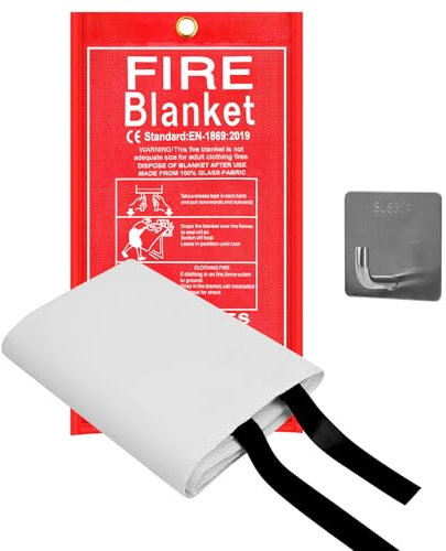 Emergency Fire Blanket for Home and Kitchen - 1 Pack W/Hooks 1m X 1m Flame Suppression Upgraded Silicone Coated Fibreglass Fire Blankets for House Camping Caravan Office Warehouse