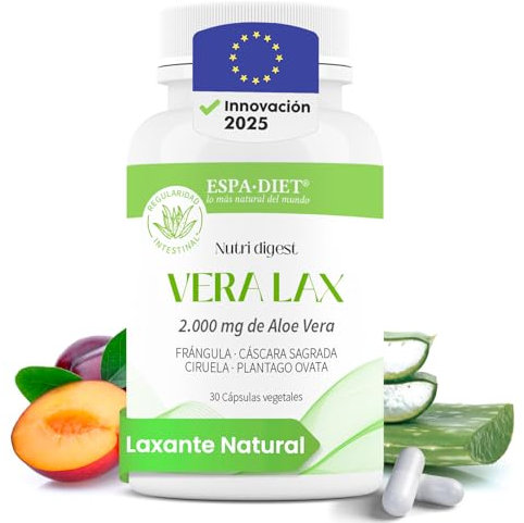 Laxante Natural - Aloe Vera, Cáscara Sagrada, Frángula, Ciruela, Plantago ovata - Laxante fuerte Alivio estreñimiento - Laxante rápido - Detox natural limpieza colon - Veralax 30 cápsulas