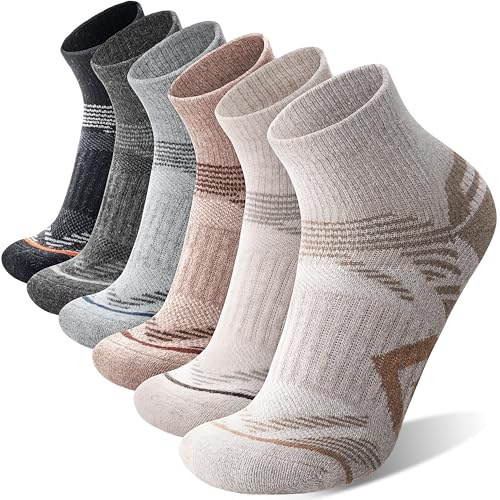 ANTSANG 6 Pairs Merino Wool Quarter Ankle Hiking Running Socks Compression Thermal Thick Cushion Socks for Women Men(Brown Combination,M)