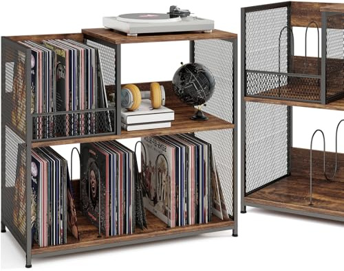 KOMFOTTEU Soporte para Tocadiscos de 3 Niveles para 300 Álbumes (Marrón) | Mesa Auxiliar con 3 Divisores Extraíbles, Mueble para Tocadiscos con Marco de Metal, para Salón, Dormitorio