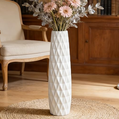 JIDOFUE Vase de sol en céramique blanche 24 60cm, Grand vase décoratif pour salon, bureau et chambre à coucher, Décoration moderne pour herbe de la pampa et fleurs