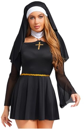Fldy Damen Nonne Kostüm Nonnen Kleid Kopfbedeckung Set Halloween Fastnacht Karnevalskostüme Party Minikleid Schwarz 3XL