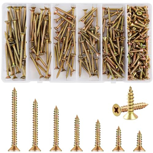 M4 Wood Screws Kit, 275 PCS Yellow Zinc-coated Steel Self Tapping Screws -Ideal For Furniture Repair
