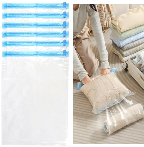 6 PCS Travel Roll Up Storage Bags - Vacuum Compression Bags for Suitcases and Bedding - No Pump Needed - Space Saving and Waterproof - 60 x 40 cm (6 Pieces)