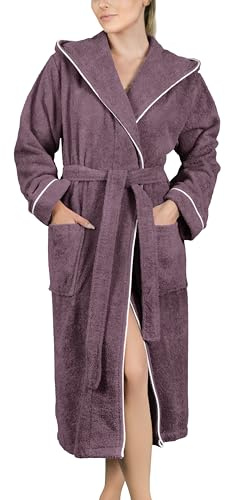 LAYNENBURG Bademantel Damen Frottee - Kapuze - Lang - 100% Baumwolle (360g/m2) - OEKO TEX Standard 100 - Größe S, M, L, XL, XXL, 3XL