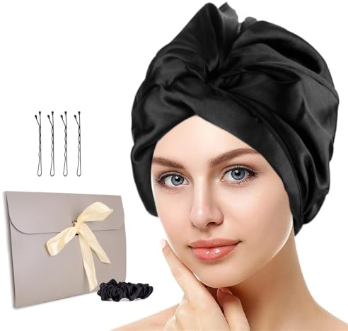 Kaempe Seidenhaube zum Schlafen - Schlafhaube Seide für Haar über Nacht Gesund, Bewahrt Lockenform, Verhindert Frizz & Haarbruch, Silk Bonnet Seide für Frauen mit Allen Haartypen(Schwarz)