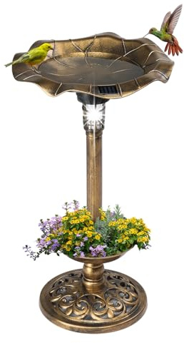 LEADZM Vogeltränke Stehend - Vogeltränke aus Wetterfestem Kunstharz, Vogelbad mit Solarleuchte & Blumenkübel - Futterstation für Draußen Garten und Terrasse, 44 x 44 x 76cm, Bronze