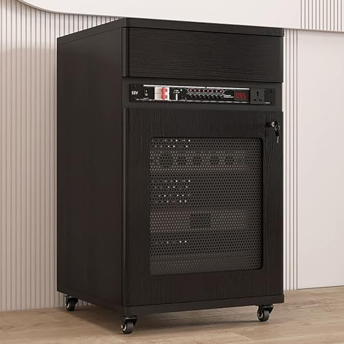 HOLGVE Audio Rack HiFi Regal, Fahrbarer Medienschrank mit Schublade Und Türschloss, AV-Schrank mit Kabeldurchführung, Audio-Rack Verstellbaren Einlegeböden, TV-Ständer(Nero,52x55x90CM)
