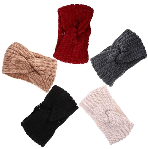 LRXIYODE 5pcs Women Knit Headband Winter Knitted Wool Wrap Ear Warmer Cross Pattern Hairband Set Black, Maroon, Beige, Camel, and Dark Grey for Cold Weather