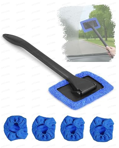 JHCHAN Car Inside Window Cleaner Tool Kits - Car Auto Accessories | Brush with 5 Washable Microfiber Pads| for car and home cleaning, Inside Car Cleaning Tool for Fog Moisture Removal (Blue）
