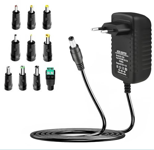 QEAS 12V 2A Cargador Universal, 24W Fuente de Alimentación Universal, Adaptador de Corriente con 10 Adaptadores de Enchufe, Alimentador 12V para Electrónica Cámara CCTV Router