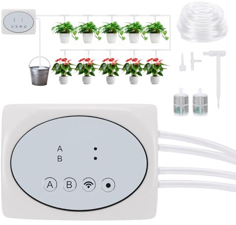 WiFi Automatisches Bewässerungssystem, Tropfbewässerungsset mit Doppelte Pumpe Einstellbare Wassermenge Gesteuert über APP Automatische Bewässerung für Zimmerpflanzen, Kann 48 Pflanzen Gießen