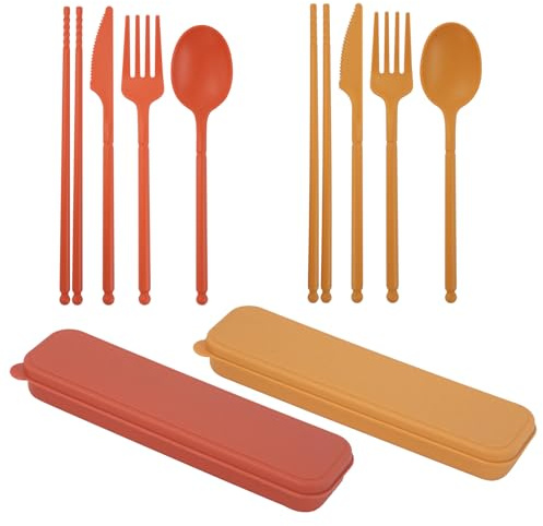 DIYJEP 2 uppsättningar plastbestick, bärbara campingbestick, återanvändbara resebestick med fodral, plastsked gaffel kniv ätpinnar porslin för skola kontor picknick